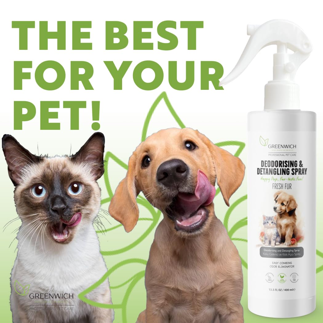 Greenwich 100% Vegan Entfilzungsspray & Deo Hunde Katzen 400 ml, Fellpflegespray, Sanfte Formel Welpen, Anti Filz Entwirrungsspray, Fellspray, pH-Wert