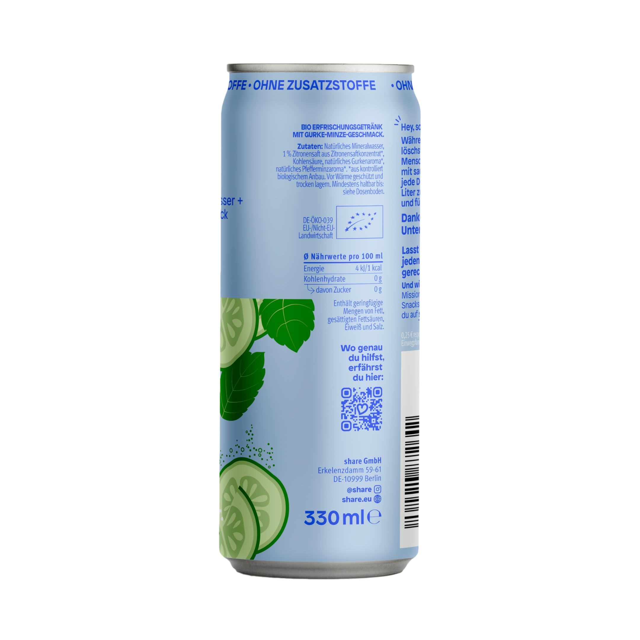 share Bio Spritzer Gurke Minze - Wasser mit Geschmack (24x330ml) | Ohne Zucker, 1 kcal pro 100 ml, Spritzig fruchtig – Bio-Mineralwasser ohne Zusatzstoffe – Jeder Kauf spendet