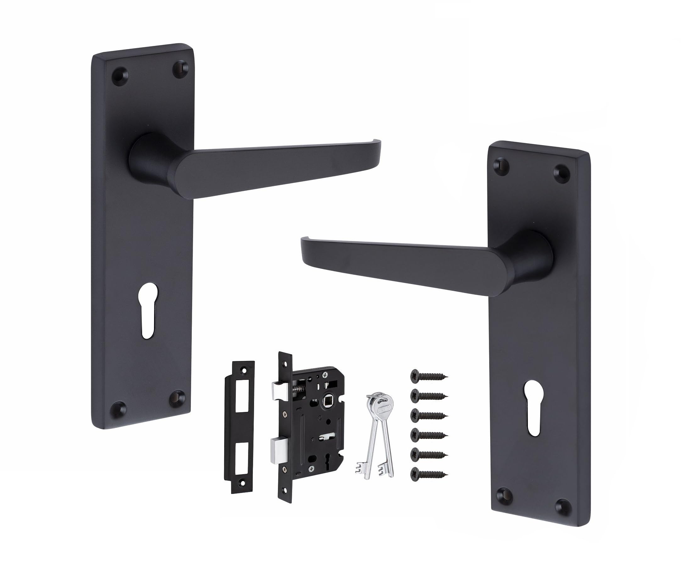 Golden Grace Victorian Straight Handle Lever Lock Door Handles in Matt Black with 64mm 3 Lever Lock Set - 150mm x 40mm Backplate
