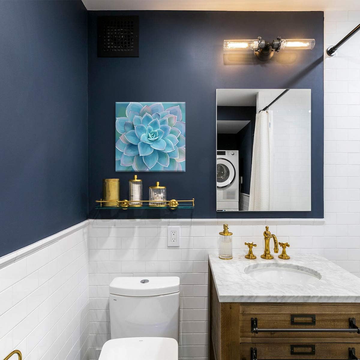 Blue Succulents Bathroom Decor Wall Art Framed Modern Popular Wall Plants Decorations Canvas Prints Artwork Wall Decor for Bedroom Blue Flower Pictures Size 14x14 inch Easy to Hang image 2