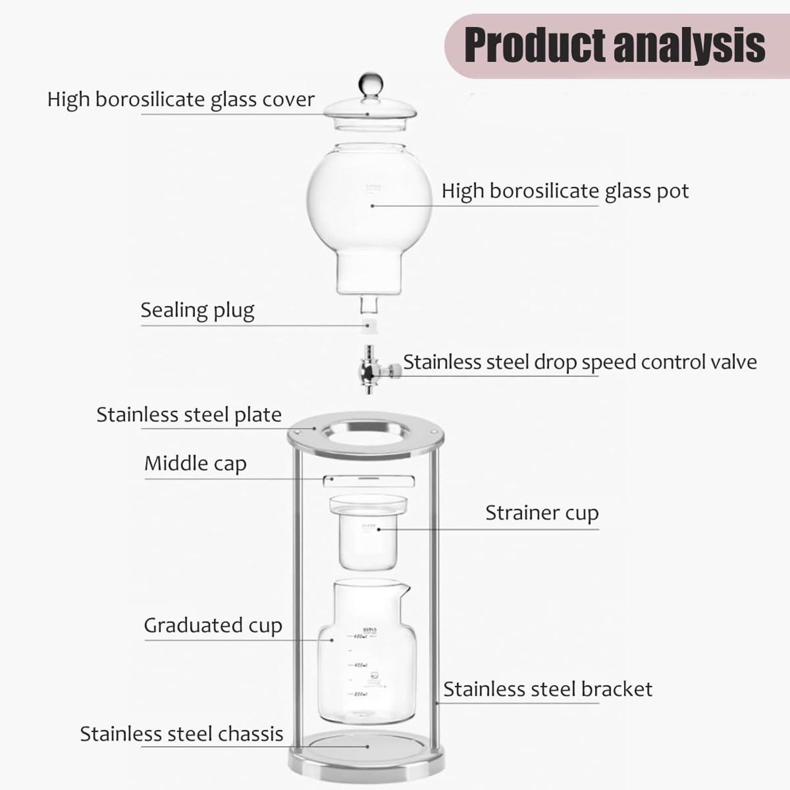 Ekspres do kawy Cold Brew, przenośna wieża ociekowa 600 ml z ramą ze stali nierdzewnej i szkłem borokrzemowym, powolne kapanie do domu i biura