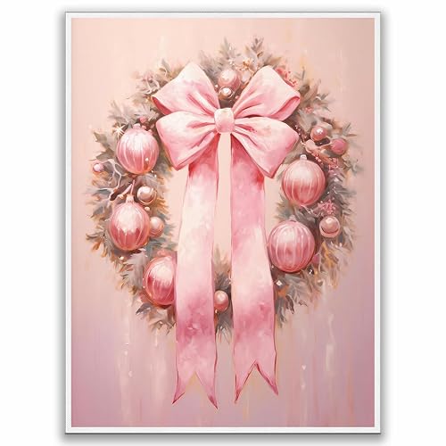 Holiday Pink Wreath Wall Art, Christmas Wall Decor, Pastel Winter