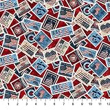 Cotton Stamps USA America Patriotic Postage Mail Stars and Stripes 10th Anniversary Northcott Cotton Fabric Print by the Yard (24286-24)