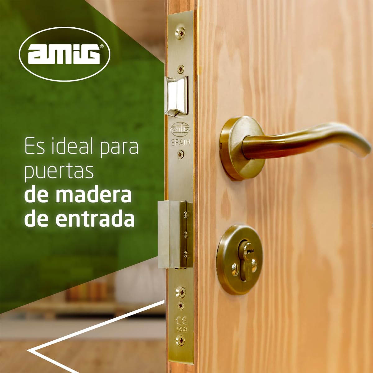 Amig - Cerradura de Embutir con Cilindro de Seguridad y Bocallave + 5 Llaves - Para Puertas de Madera de Entrada - De Acero Latonado - Picaporte Reversible - Para Manillas de 8 mm