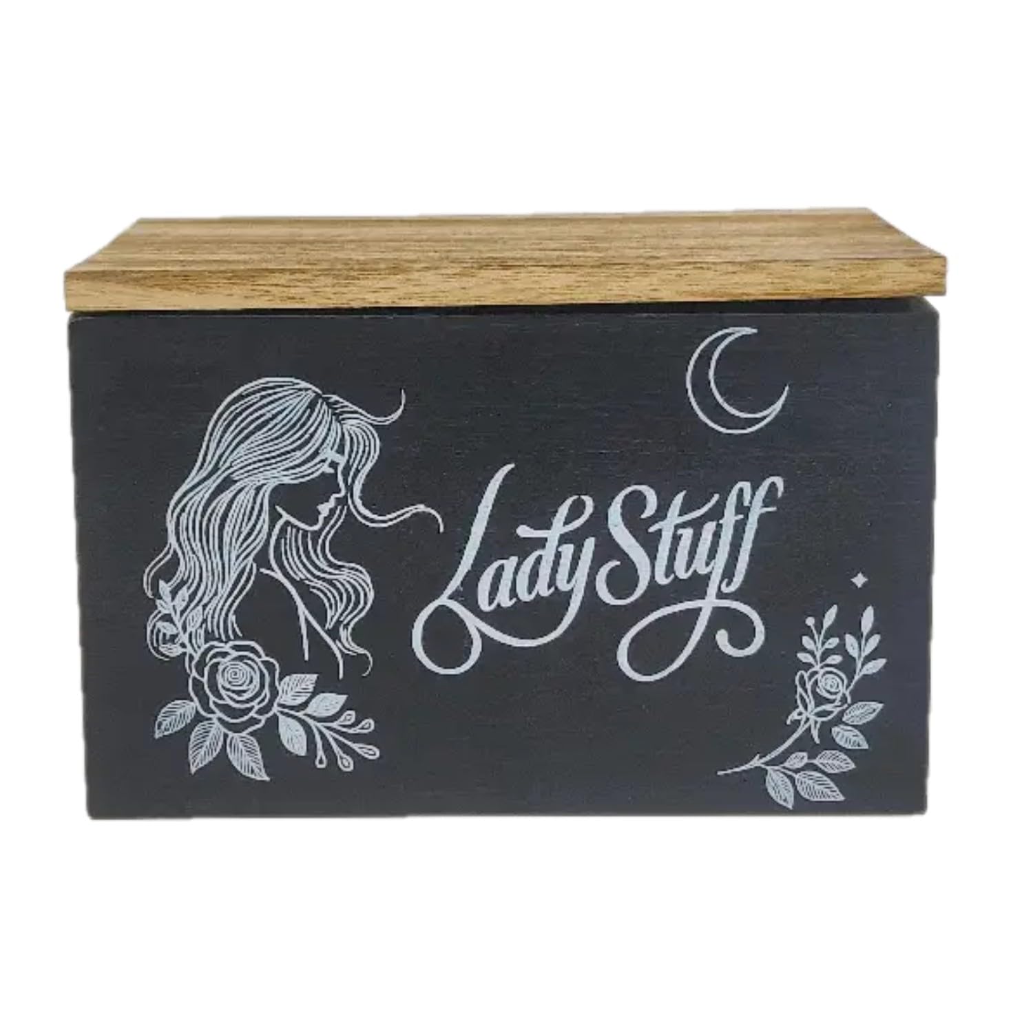 Jomeis Black Lady Stuff Storage Box - Vintage Wooden Bathroom Divided Organizer With Flip-Top Lid For Pads, Liners, Tampons & More - Feminine Hygiene Rustic Chic Home Decor, Hinged Lidded Discreet Storage (Black)