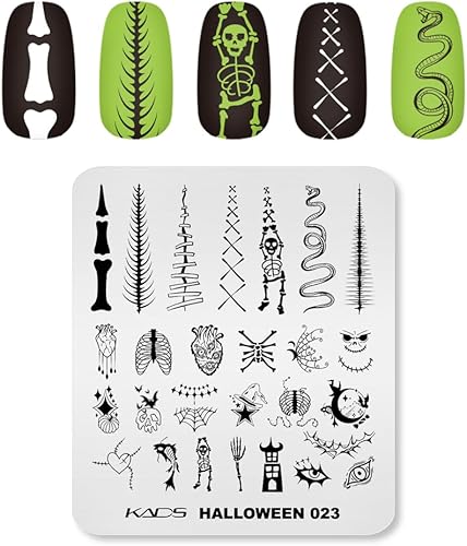 KADS Placas de estampado de uñas para Halloween, diseño de arte de uñas, atmósfera de terror, esqueleto, gota de sangre, bruja, calabaza linterna disponible en Yaxa El Salvador