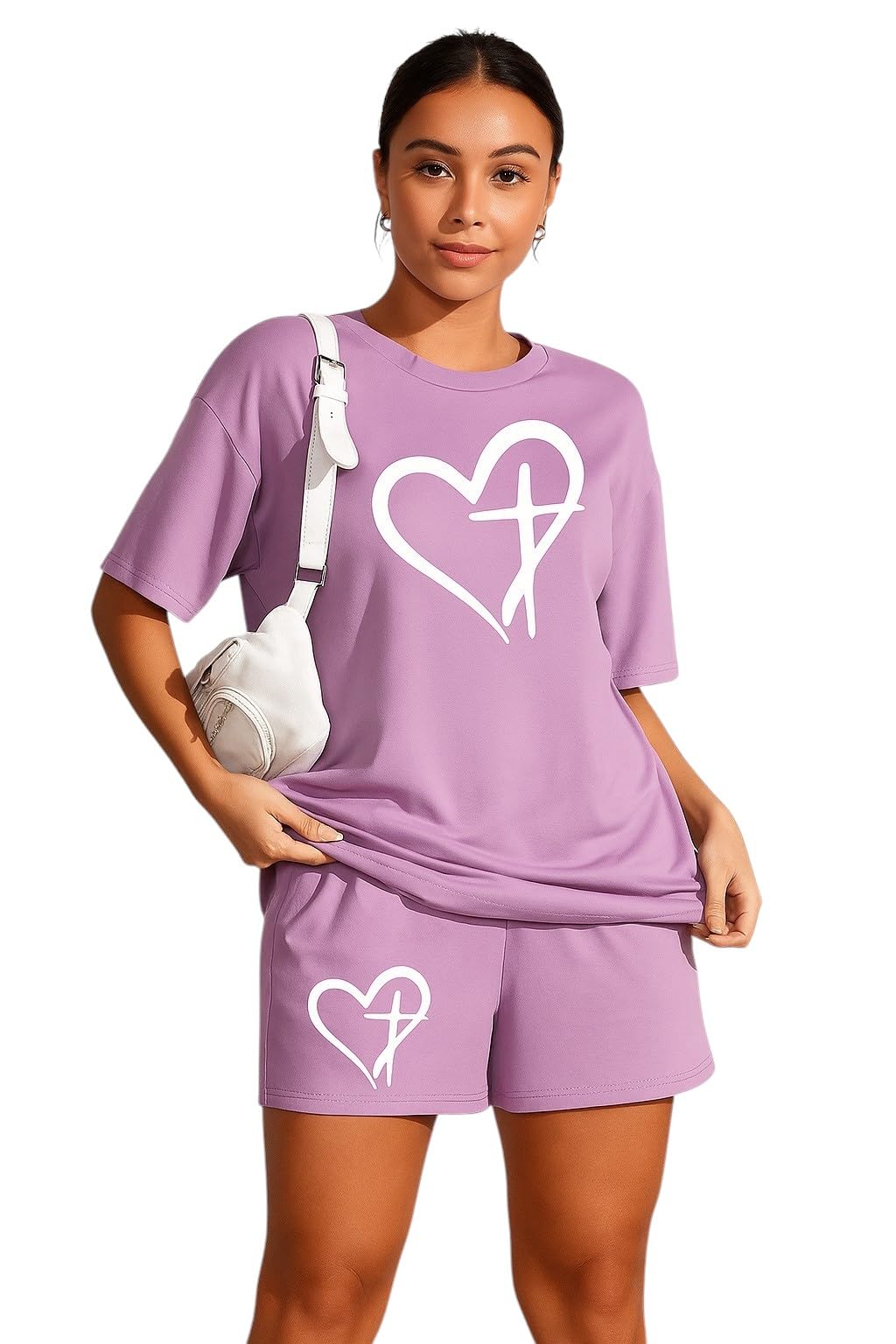 Women's Oversized T-Shirt and Shorts Co-Ord Set | Heart Print Cotton Lounge Wear Set for Women-image-28