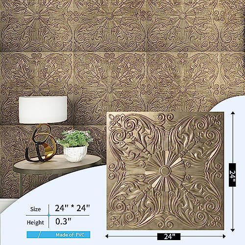 Image of Art3d Spanish Floral Drop Ceiling Tiles, 24 x 24 in, 12-Pack, Antique Gold