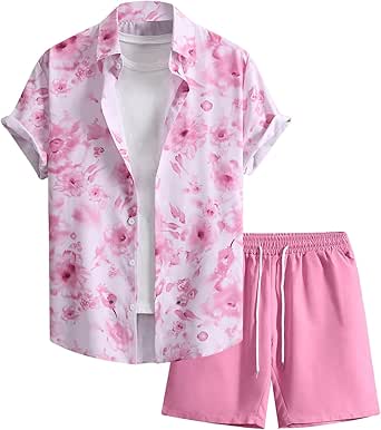 GORGLITTER Men's 2 Piece Summer Vacation Outfits Floral Tropical Button