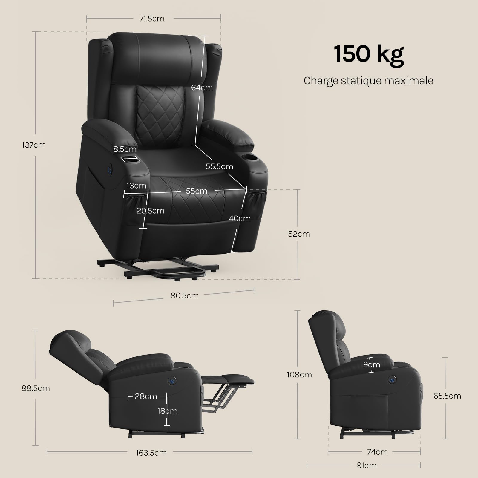 WOLTU Fauteuil Relax Électrique, Fauteuil Massant, Aide à la Verticalisation, Massage, Chauffage, Repose-Pieds, Poches, Porte-gobelet, Port USB, PU, Noir, SKS62sz