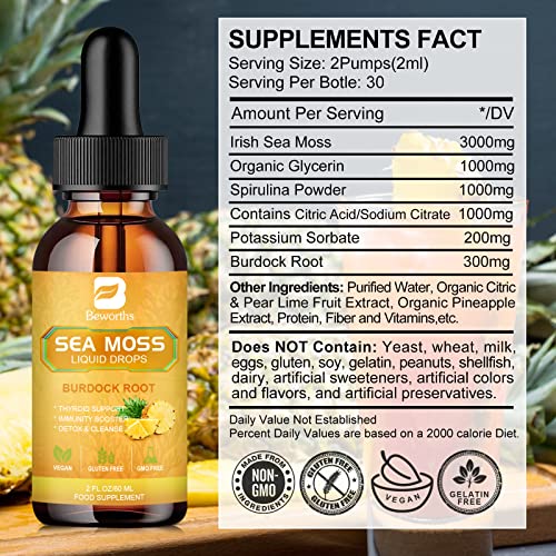 B Beworths Sea Moss Liquid Drops - 92 Vitamins Minerals Organic Irish Sea Moss Gel With Burdock Root Supplement Immune, Joint & Thyroid, Detox Cleanse & Digestive Support - 2 Fl Oz, Vegan #TOP5