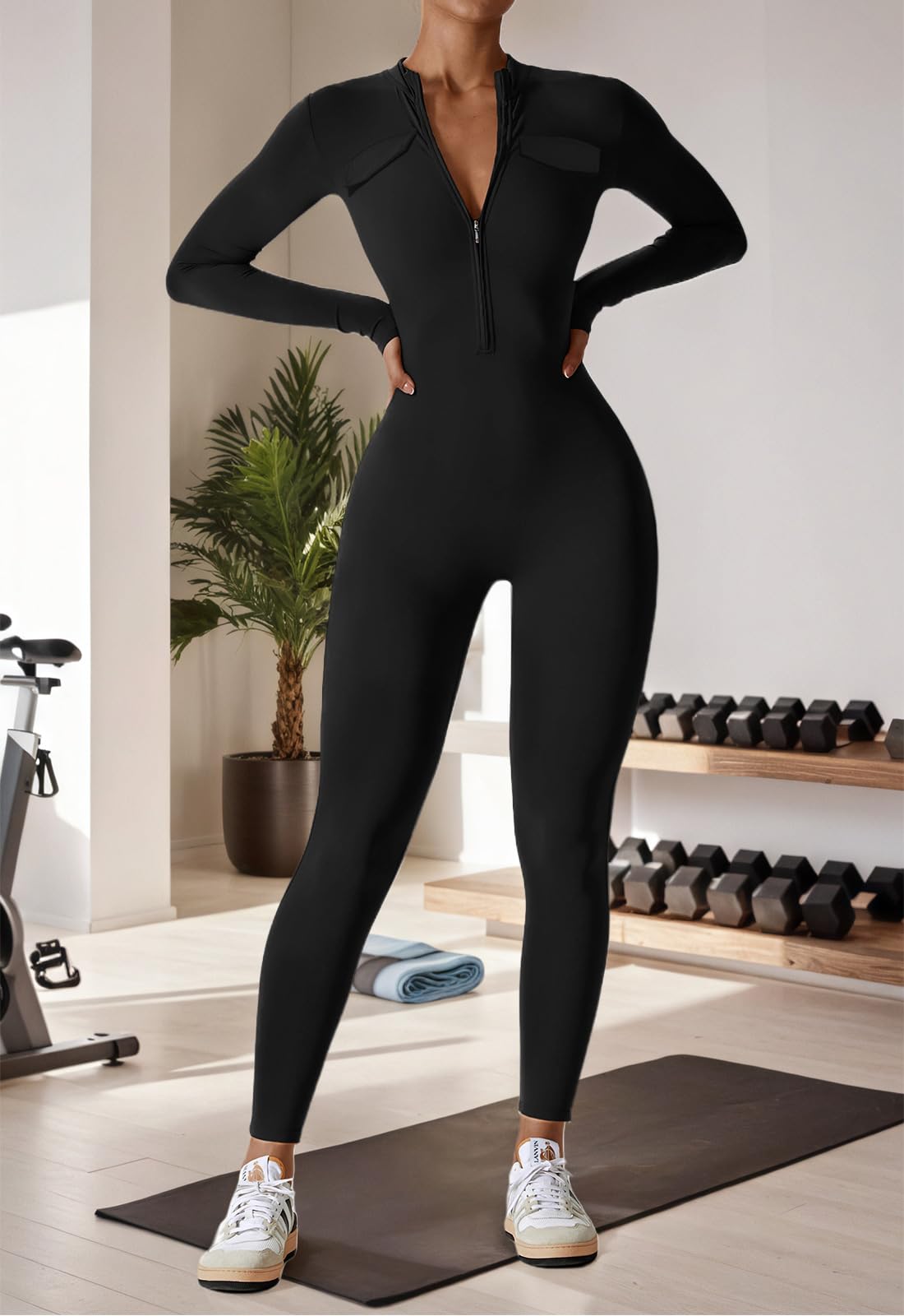 ISCBAFYX Damskie jednoczęściowe kombinezony treningowe Zapinane na zamek body Kombinezony do jogi z długim rękawem Pełna długość Sportowa odzież modelująca do ćwiczeń
