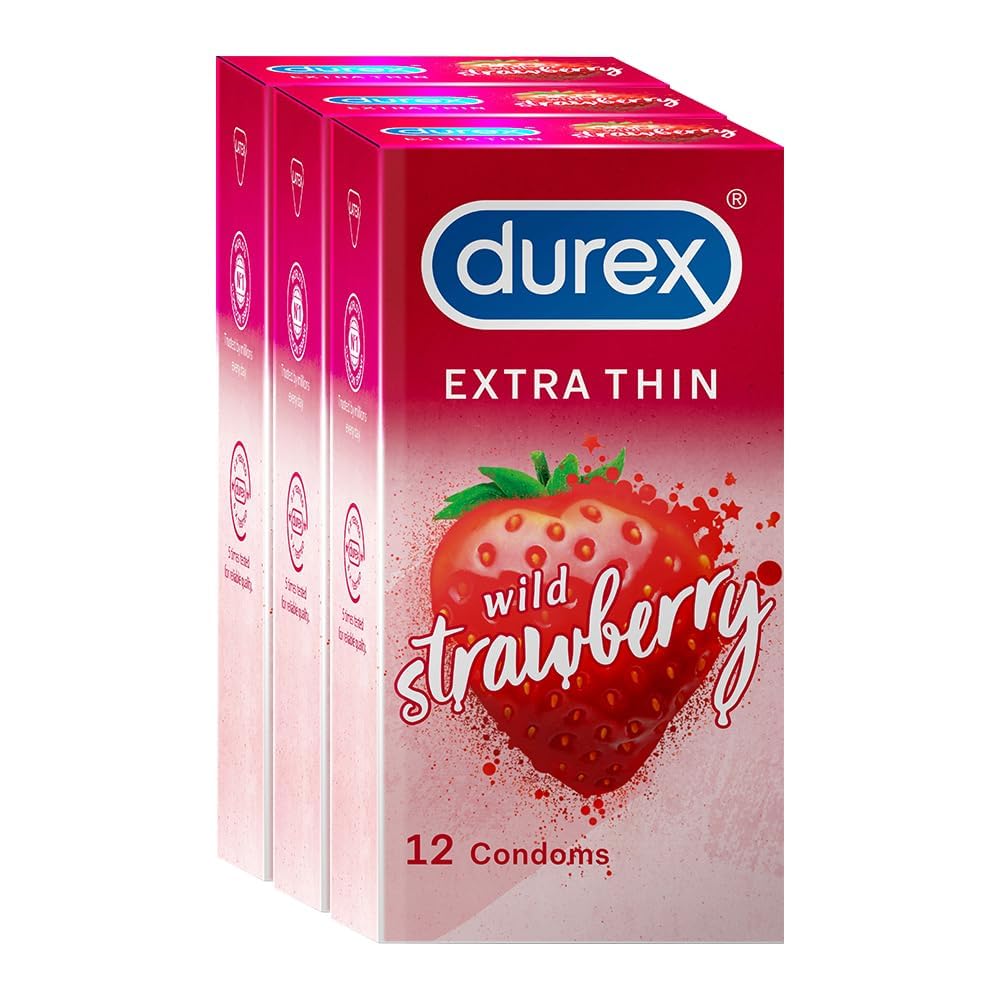 Durex Extra Thin Wild Strawberry Flavoured Condoms For Men -12s (Pack of 3)-picture-48