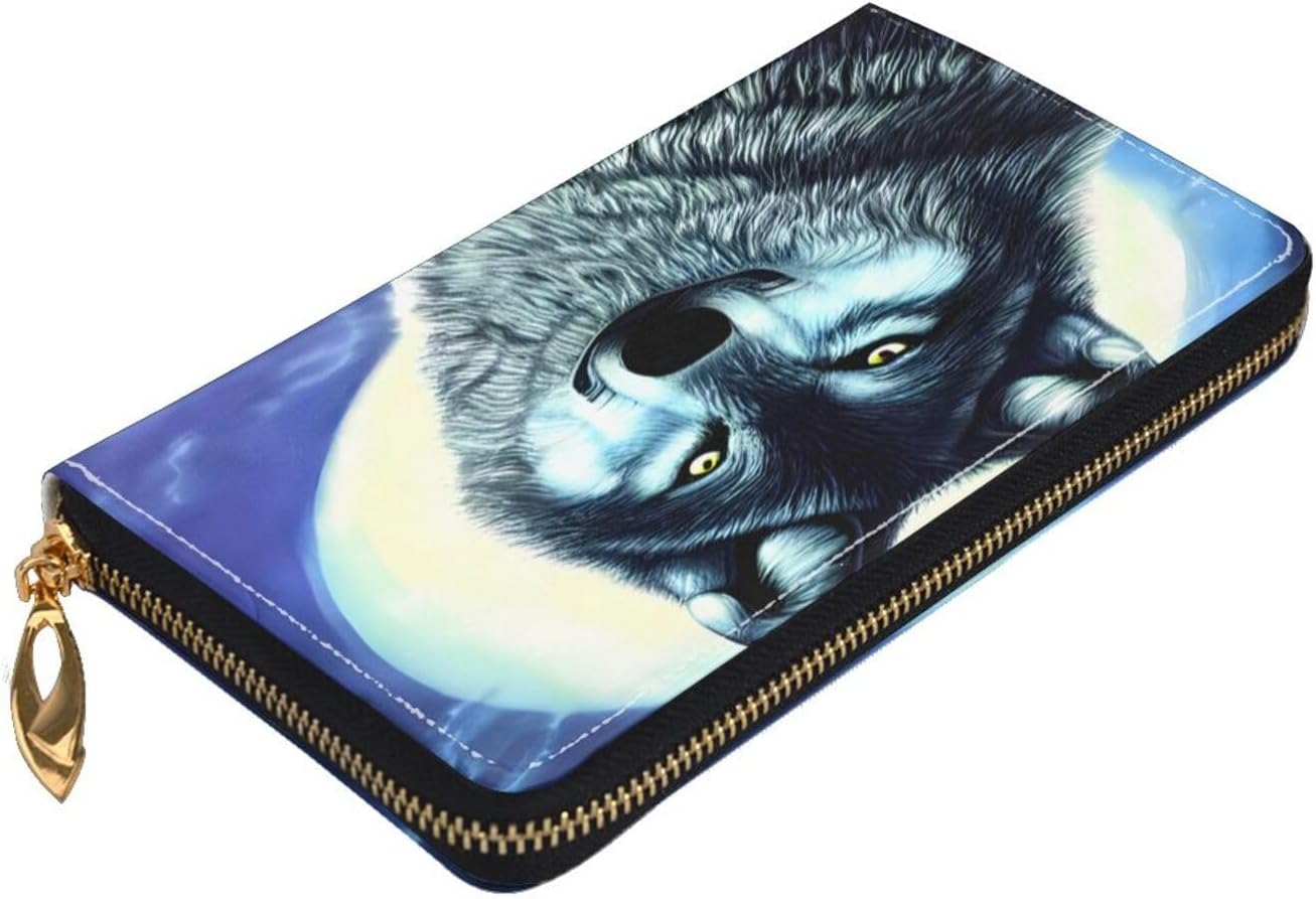 wolf under moon Long Zip Around Wallet for Women, Large Capacity RFID Leather Wristlet Wallet with 12 Card Slots Coin Purse, Fashion Clutch Purse with Wrist Strap