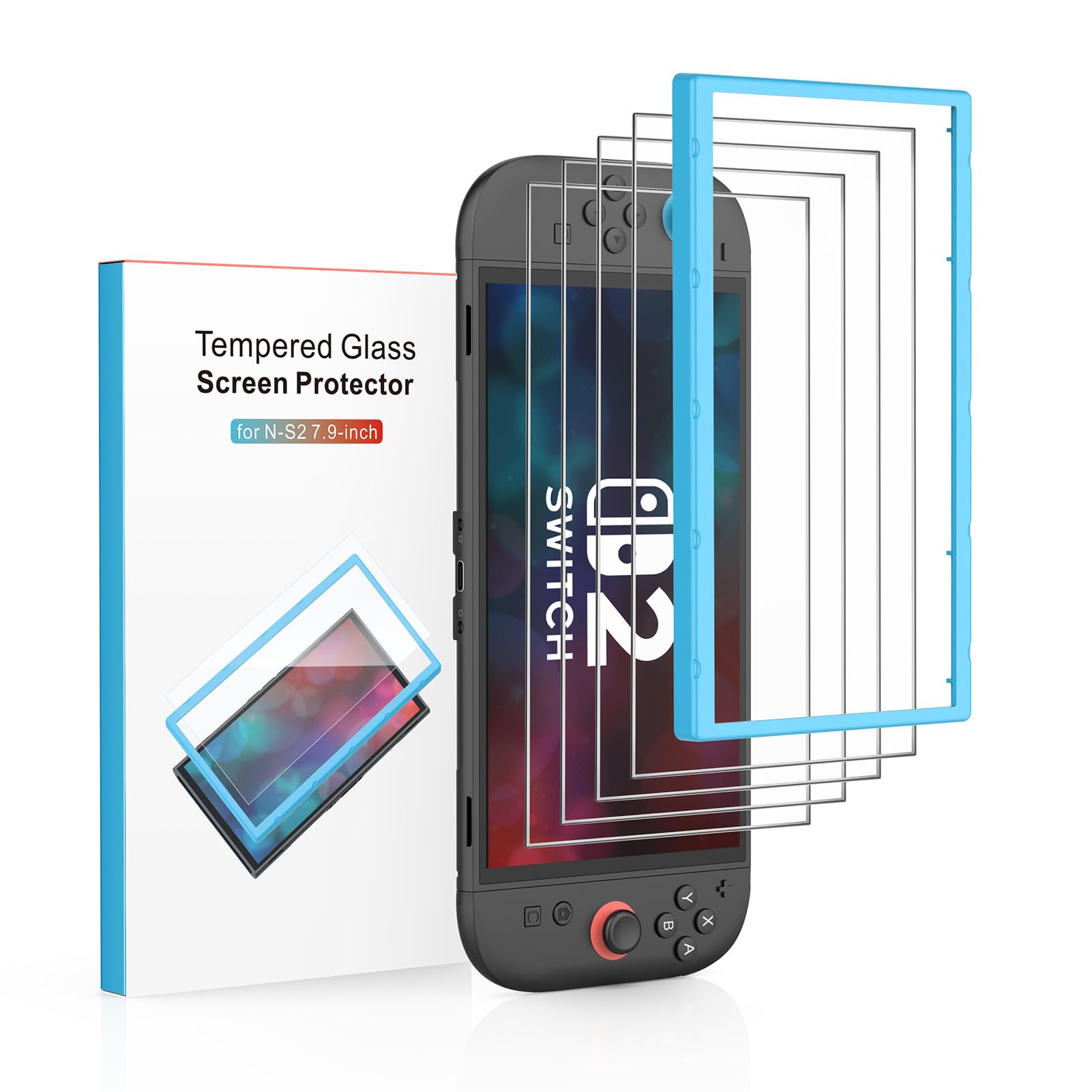 Screen Protector Compatible with Nintendo Switch 2 [7.9 inch 2025], Tempered Glass, with Installation Frame, Bubble Free, HD-Clear, Anti-Scratch, Touch Sensitive, Full Coverage (4 Pack)