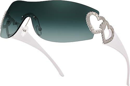 FEISEDY Gafas de sol Y2K sin montura con corazón para mujeres y hombres, moda futurista envolvente, de gran tamaño, protección moderna B2981