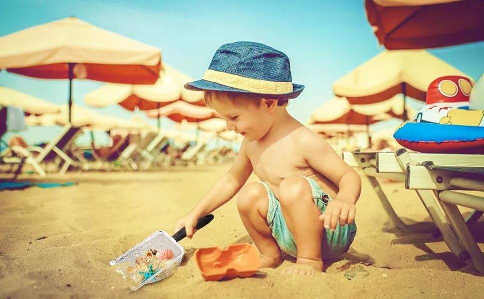 Image of Beach Mesh Shovel, Shark Tooth Sifter Dipper for Shell Collecting, Kids Filter Sand Scooper for Picking Up Shells - Beach Snow Toys for Kids (Black)