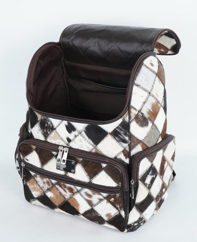 Western Dark Brown Patchwork Cowhide Leather Backpack - Everyday Travel Backpack - Genuine Leather Cow Print Diaper Bag3