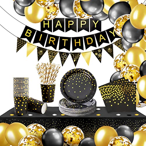 iZoeL Vaisselle Jetable Anniversaire Or Noir, Decoration Anniversaire Homme Femme, 46pcs Arche Ballon anniversaire Nappe Rideau Bruant Serviettes Assiettes Tasses Paille 10g Confettis