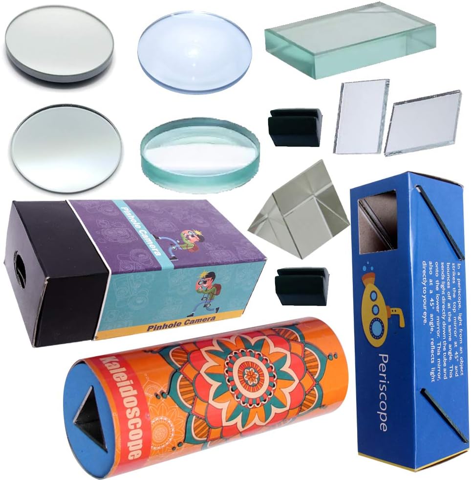 Educational Lens, Mirror, Glass Slabe, Prism Set With Periscope, Kaleidoscope & Pinhole Camera- For Boys & Girls Science Fair Model- Stem Activity, Teen, Multicolor