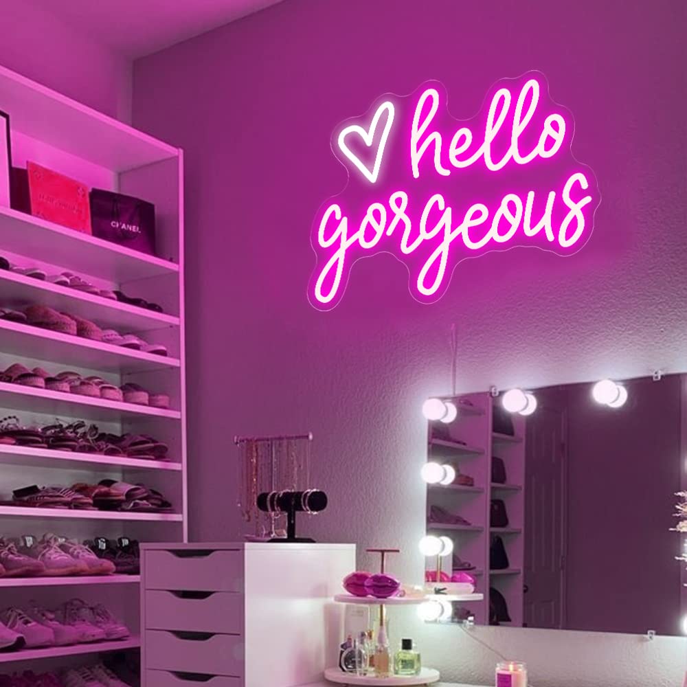 Hello Gorgeous Neon Signs for Wall Decor Led Neon Light Heart Decorative for Girl Bedroom Birthday Wedding Party Romantic Art Wall Lights Gifts USB Powered Acrylic Light for Beer Bar Club(15.75*11.81inch)