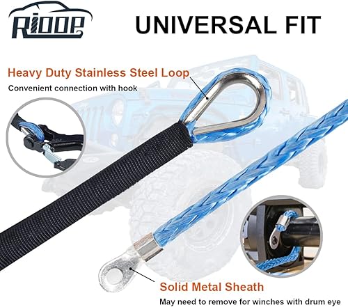 Miniatura 4 de RIOOP Cuerda de cabrestante sintética, línea de cable de cabrestante de 14 pulgadas x 50 pies 9,500 libras con funda protectora para ATV UTV (azul)