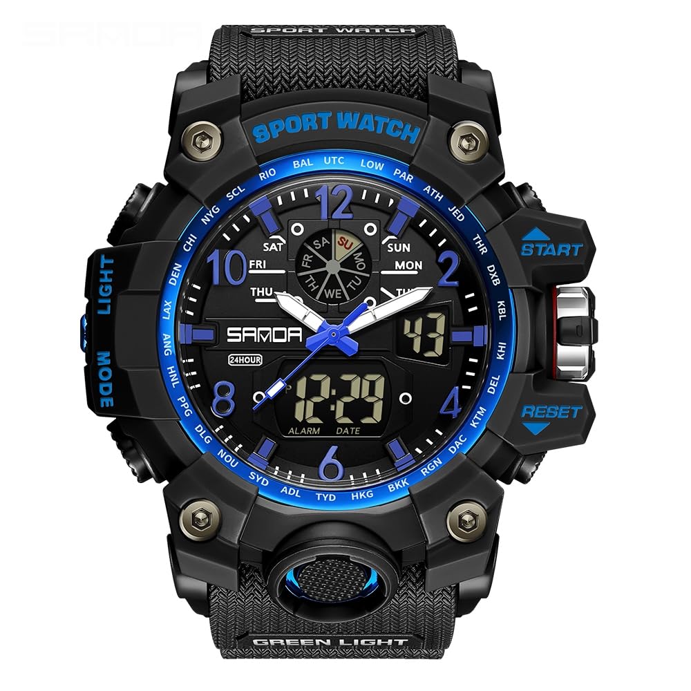 AIMES Men's Watches Outdoor Sports Waterproof Military Watch Tactical Digital Analog Wrist Watch Date Multi Function Led Large Face Alarm Stopwatch for Man black blue-3169