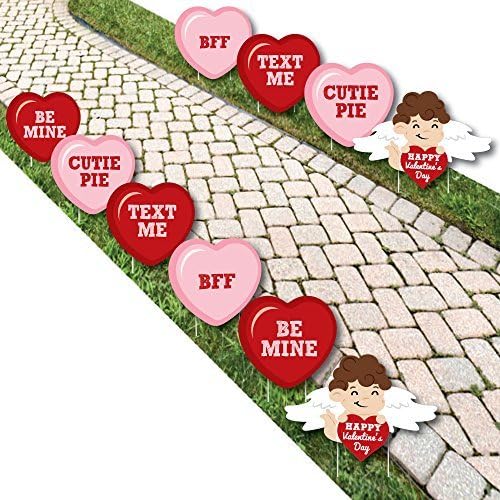 Big Dot of Happiness Conversation Hearts - Cupid and Heart Lawn Decorations - Outdoor Valentine's Day Party Yard Decorations - 10 Piece