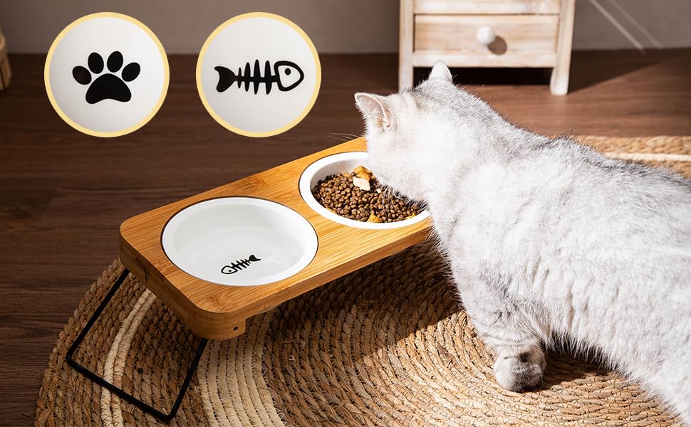 Gamelle surélevée en céramique pour chat support bambou antidérapant chiot - 3
