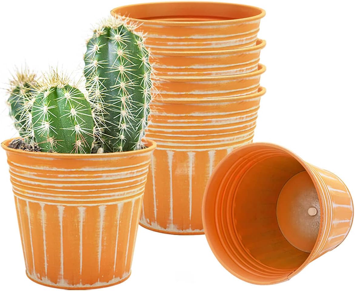 vensovo 5 Inch Orange Metal Rustic Flower Pots 6Pcs