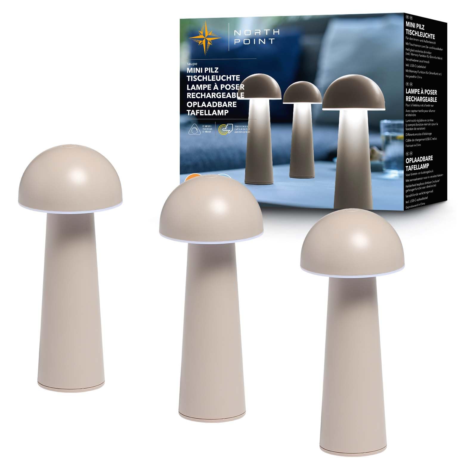 Northpoint Moderne LED Akku Tischleuchte in Pilzform im 3er-Set für den Innen- und Außenbereich stufenlos dimmbar USB-Ladung CCT Farbwechsel (beige, Pilzform)