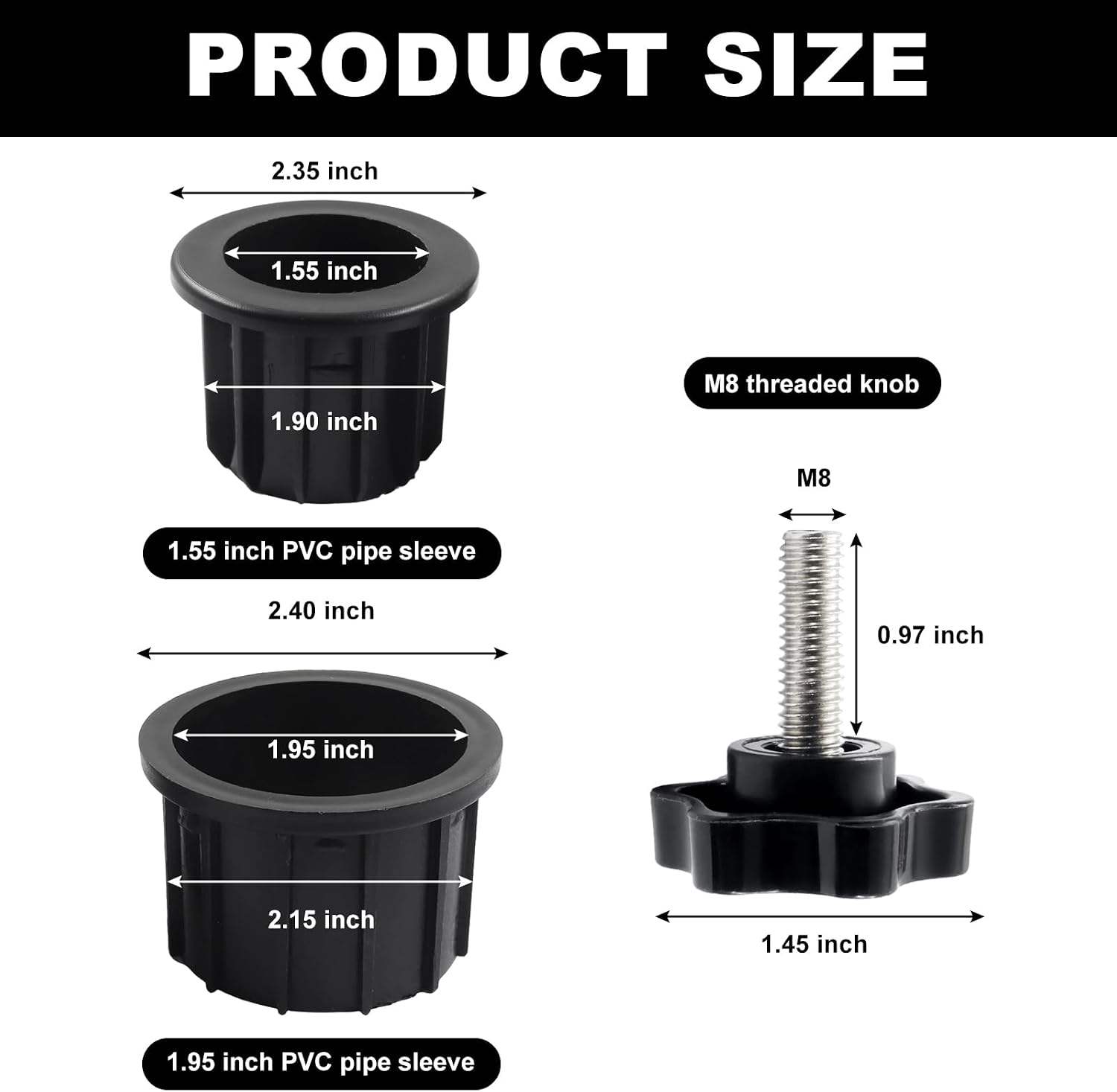 Murtenze 12 Pieces Umbrella Base Replacement Parts, Black Hole Ring Plug Cover M8 Thread Cap Replacement Hand Knob, Threaded Pipe Sleeve for Outdoor Spaces/Patio