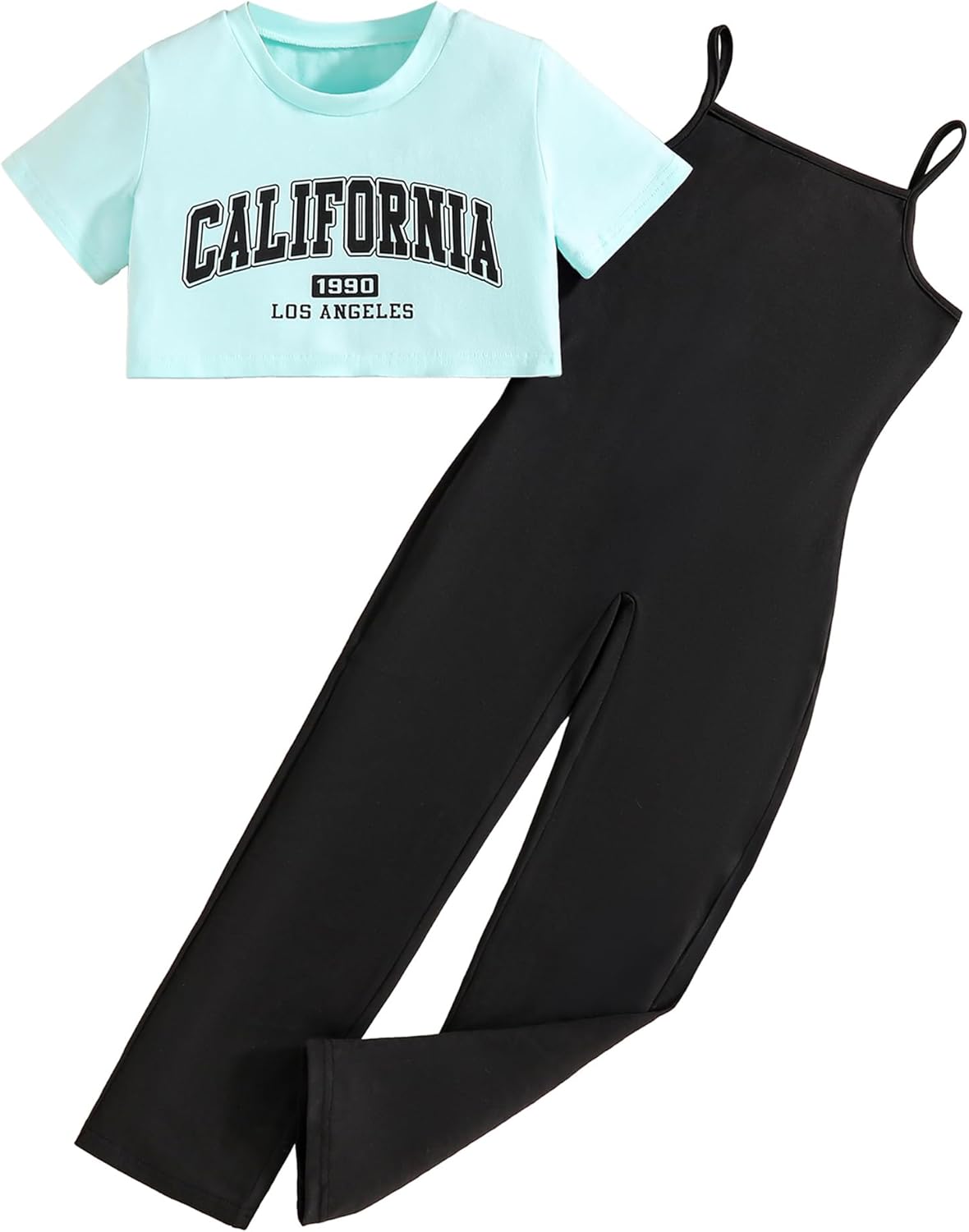 Hilinker Girl's 2 Piece Outfits Graphic Short Sleeve Crop Top and Cami Jumpsuit Set