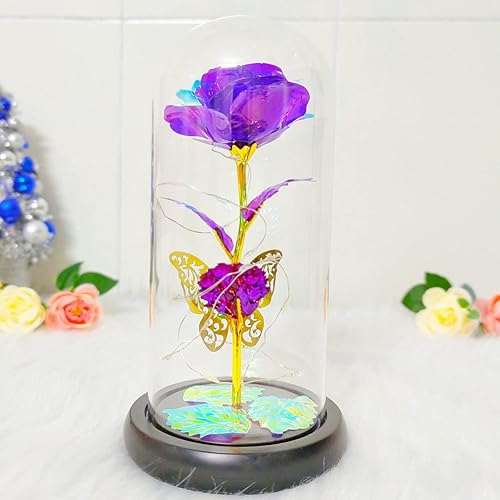 Miniatura 6 de Regalos de rosas para el día de San Valentín para mujeres, mariposas doradas, coloridas flores moradas, regalos para mamá, madre, luz LED, rosa