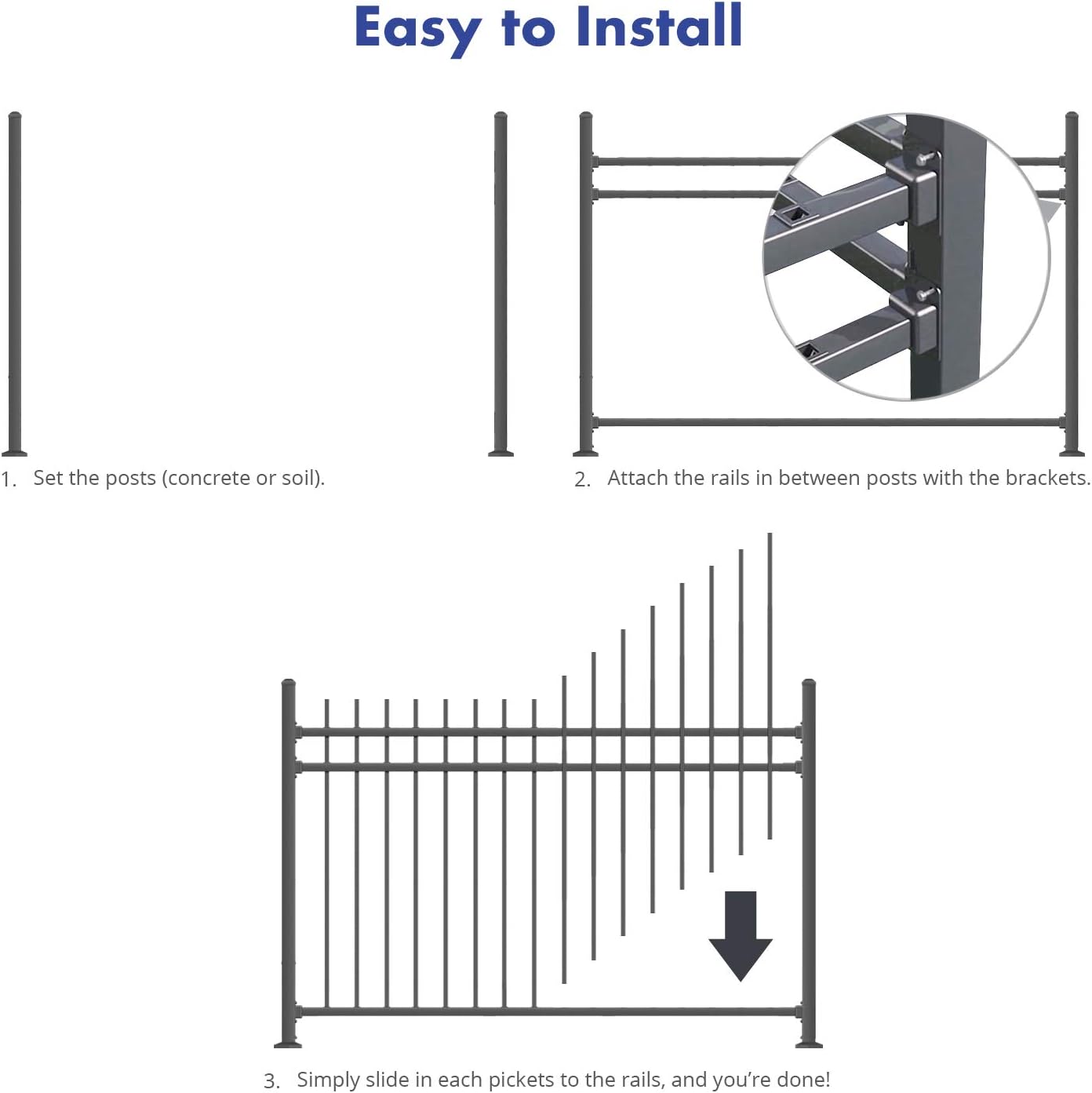 XCEL Fence ® Black Steel Anti-Rust Fence Panel - Flat Top/Picket Bottom - 3-Rail - 5'FT H X 6.5'FT W- Easy Installation - for Residential, Outdoor, Yard, Garden, 3-Rail, 1 Post Included*