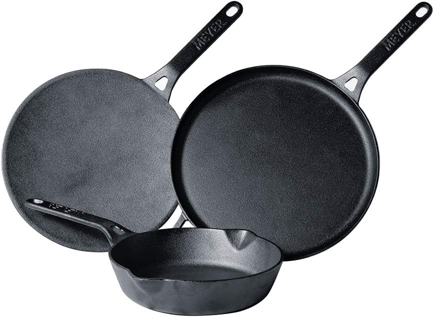 Meyer Pre-Seasoned Cast Iron Tawa 3-Piece Cookware Set – 24cm Flat Dosa + 26cm Frying Pan Roti Utensils for Cooking Combo Offer Kitchen, Black 24cm Flat Dosa + 26cm Frying Pan, MY4809