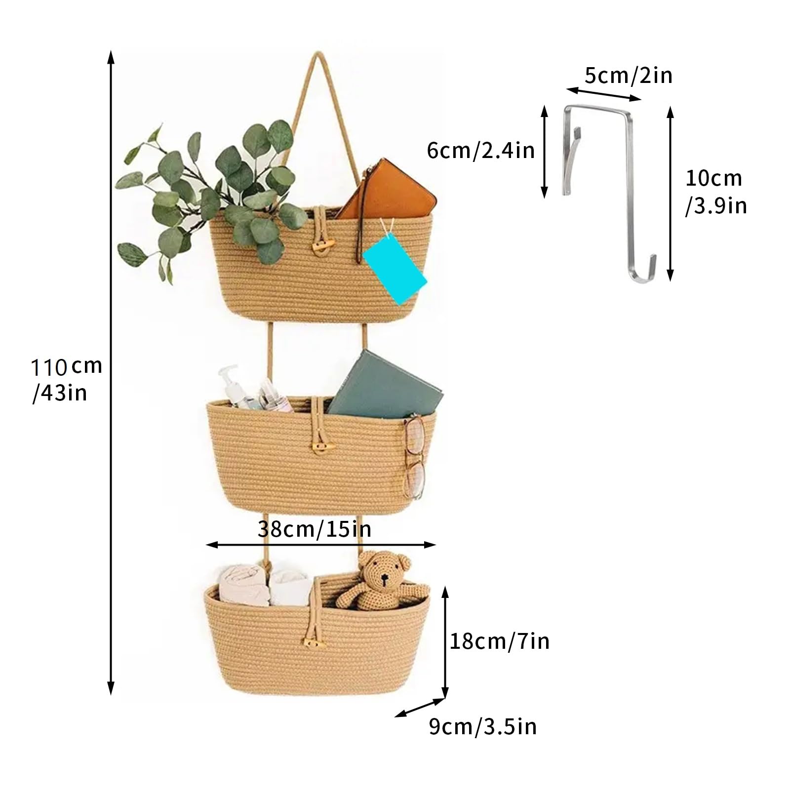 3-Tier Over the Door Hanging Basket, Wall Mount Hanging Storage Organiser Bag, Cotton Rope Woven Storage Solution with Hook, Decorative Hanging Baskets for Bedroom, Living Room, Bathroom, Nursery (B1) - Image 2