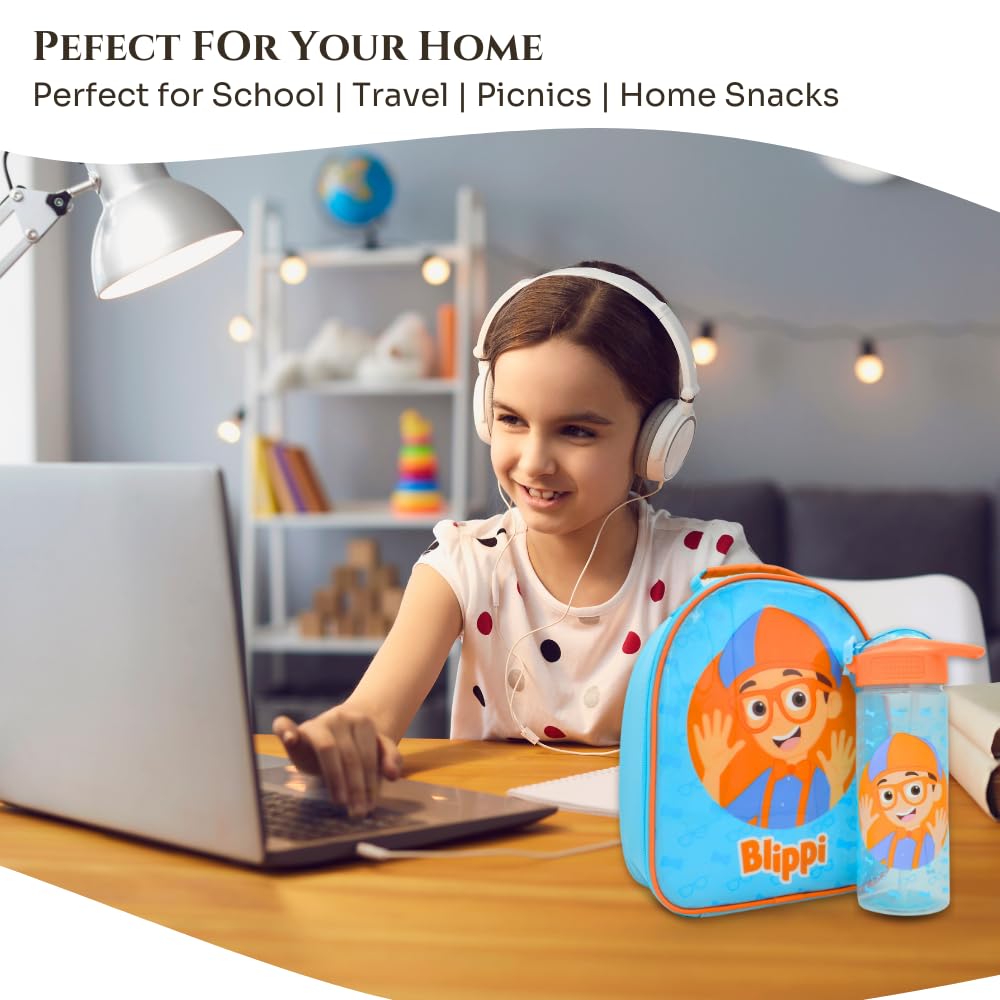 HOX 94833 Blippi Set Sac à déjeuner et bouteille d'eau avec paille à bec rabattable, polyester