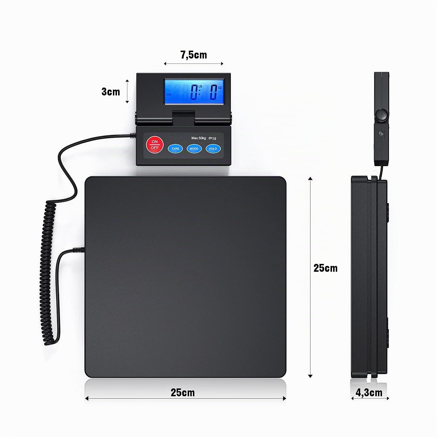Nilpferd Bilancia postale fino a 50 kg, D = 2 g, con display LCD a parete, cavo di alimentazione o batterie (incluse) (nero1)