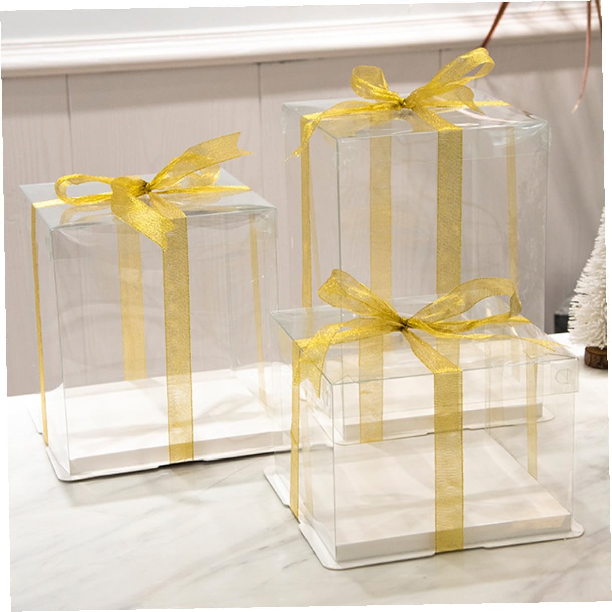 Mipcase 8-inch Square Cake Box with Ribbon Double-layer Cake Carrier Container for Birthday Dessert Storage for Wrapping