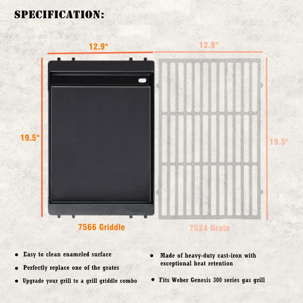 Cast-iron Griddle Insert for Weber Genesis 300 Series Gas Grills, Enameled Flat Top Griddle 7566 Replacement, Compatible with Genesis E/S/EP/CEP-310/320/330