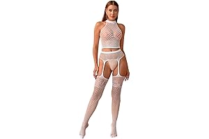 Women's Sexy Lingerie Set, Lace Garter + Top Hollow-Out Fishnet Mesh Sleepwear...