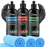 Kit de Pulimento para Coche 3x300ml, Heavy Cut 1000, Medium Cut 2000, Final Finish 3000 con 3 Paños de Microfibra y Guantes
