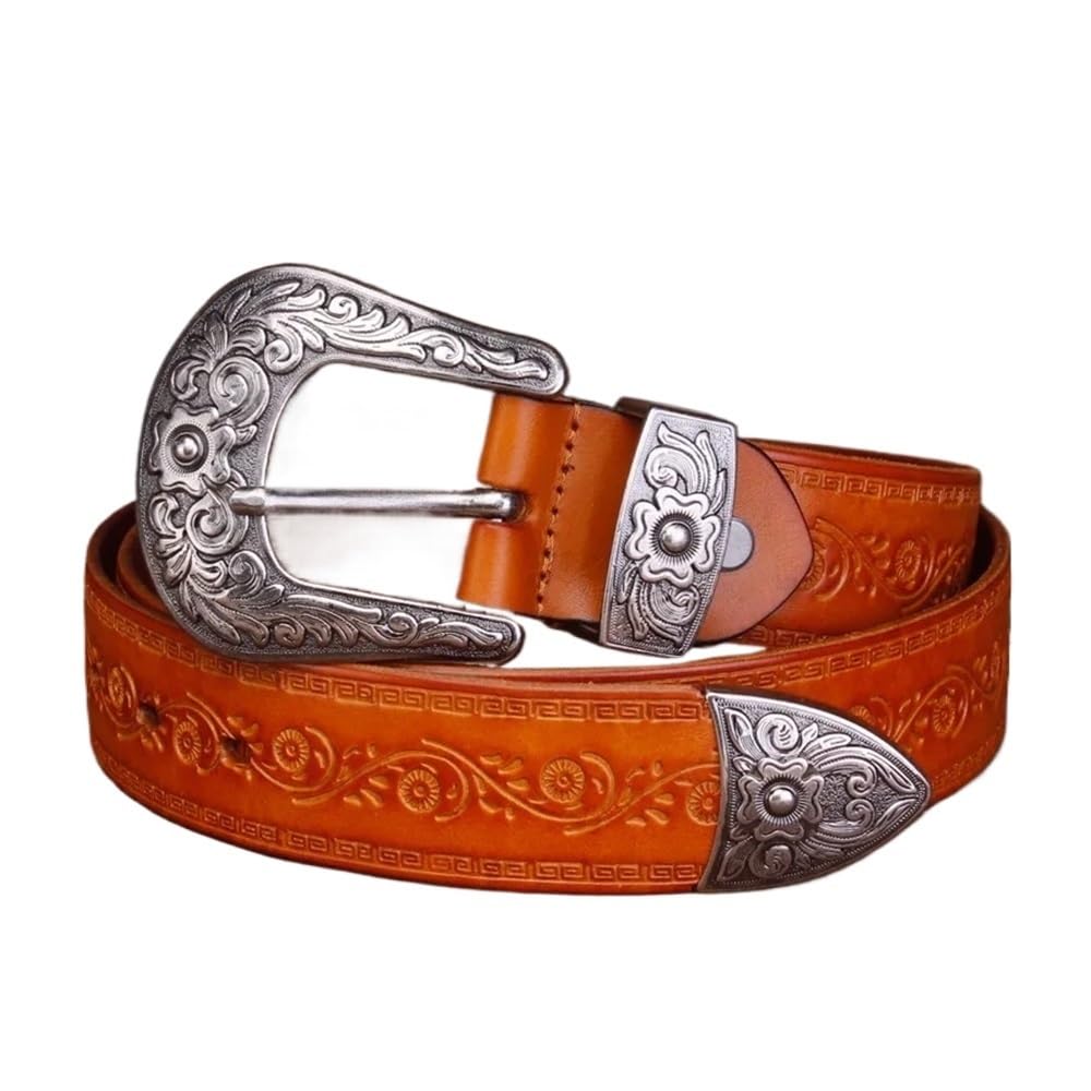 Cmis Kbei Unisex Yellow Court Style Embossed Western Cowboy Steel Buckle Belt Genuine Leather Men Belt Punk Jeans Belts For Men(120Cm,)