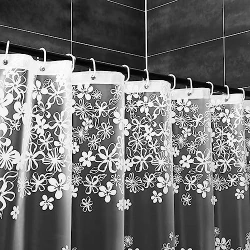 Brawolfy Frosted Floral Elegant Shower Stall Curtain Liner, Heavy Duty 7G Eva Shower Liner, White Plastic Weighted Liners & Hooks,No Chemical Smell, No Odors （W 71" X H 71" #TOP2