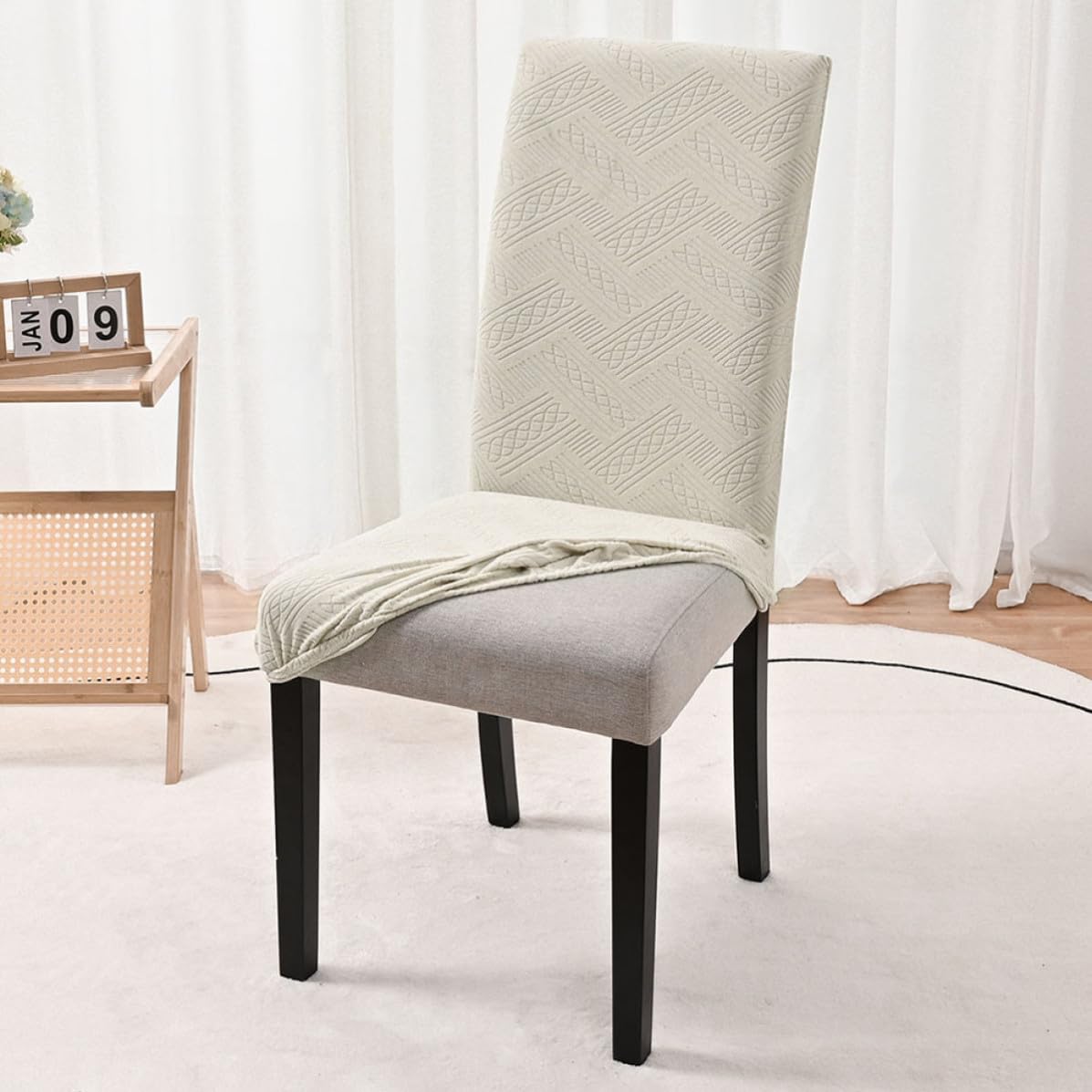 UPKOCH Beige Waterproof Jacquard Dining Chair Cover, Polyester Elastic Fit