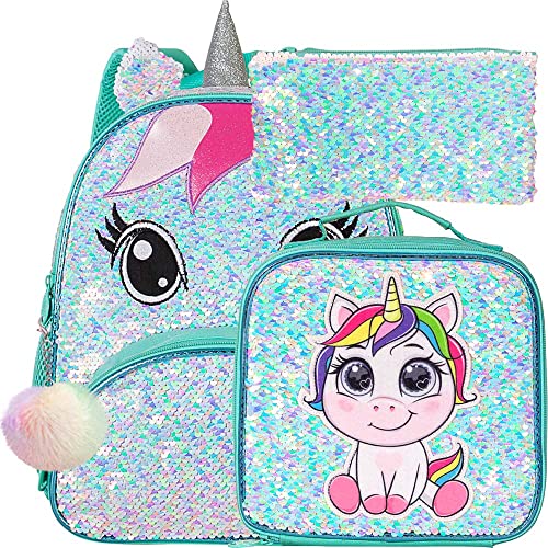 3Pcs Toddler Backpack For Girls, 12" Unicorn Sequin Preschool Bookbag And Lunch Box- Green #TOP23