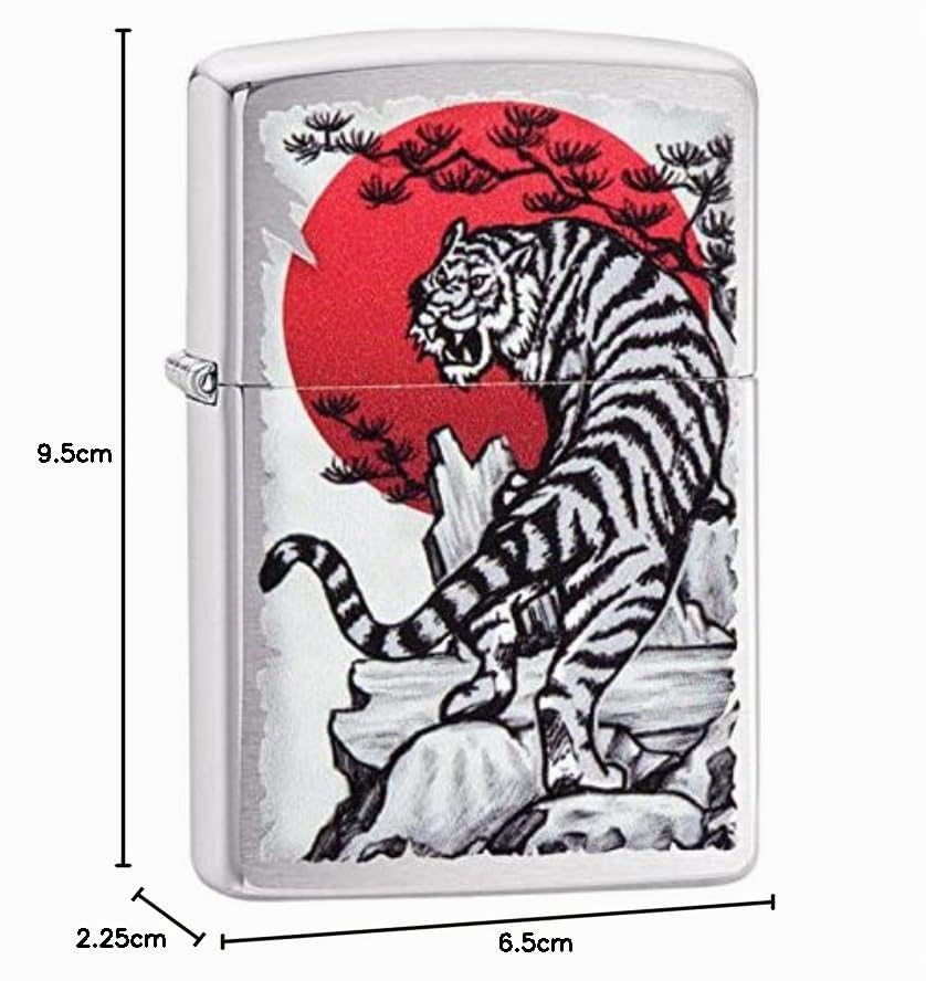 Miniatura 7 de Zippo Mechero resistente al viento, diseño de tigre japonés, cromo cepillado, imagen en color, recargable, uso de por vida, llama ajustable, caja de regalo, construcción de metal, fabricado en Estados
