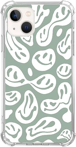 Funda estética verde salvia con sonrisa trippy compatible con iPhone 15, bonita funda de TPU para iPhone 15 para adolescentes, mujeres y hombres,