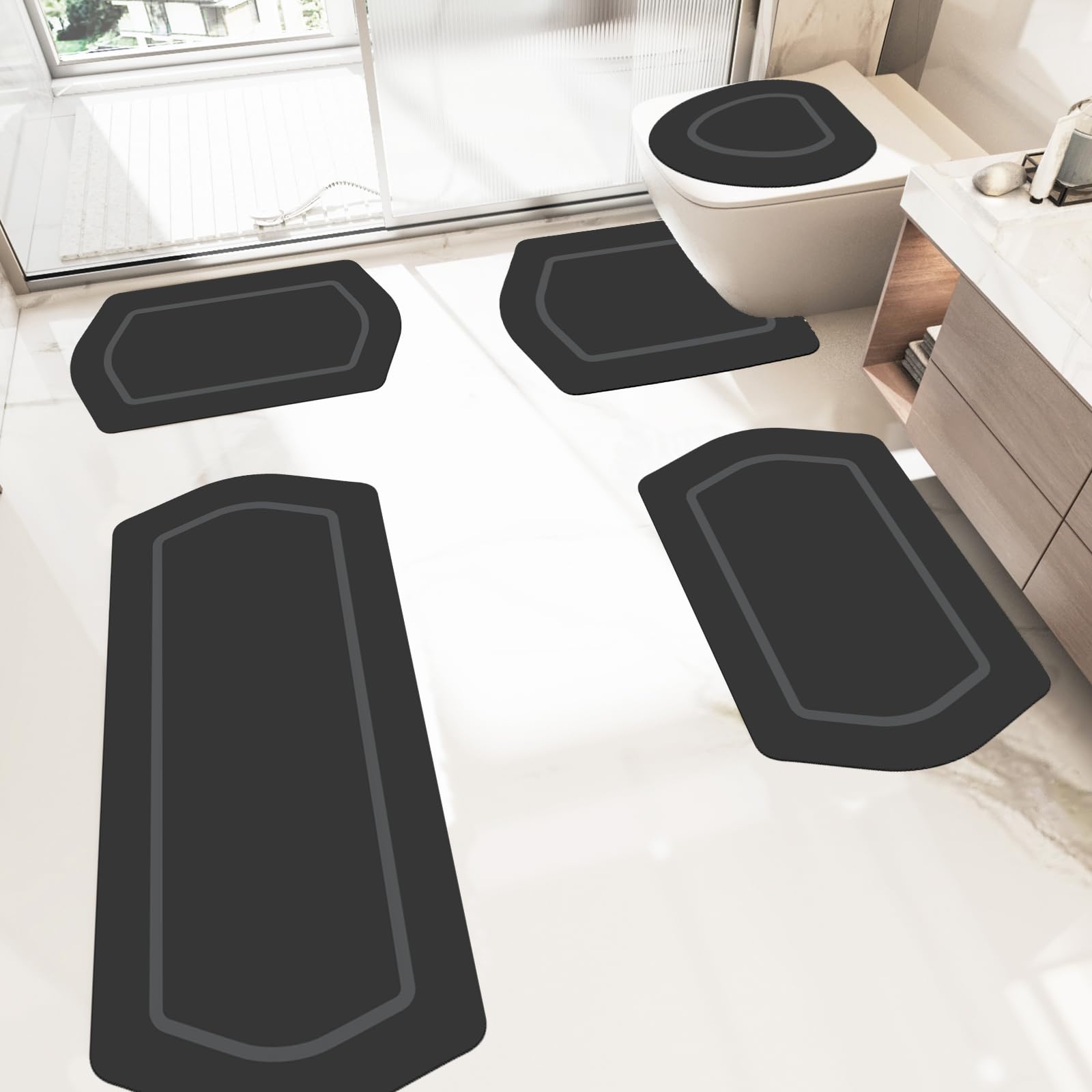 Schweek Bathroom Rugs Sets 5 Pieces, Absorbent Quick Dry Bath Mat Rug Sets Thin Non Slip Rubber Bath Mats Fit Under Door Thin Bathroom Mat U Shape Toilet Rugs Set for Bathroom Bathtub Sink